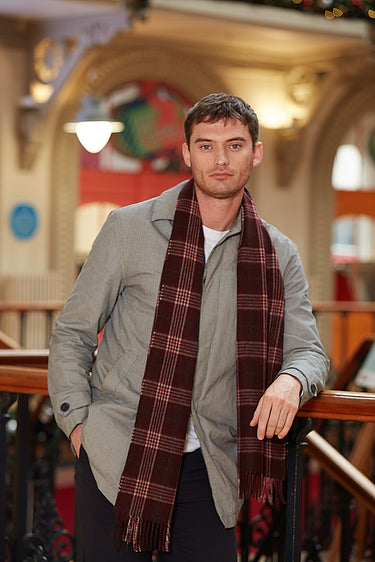 Joshua Ellis - Traditional Check Cashmere Scarf Bourgogne